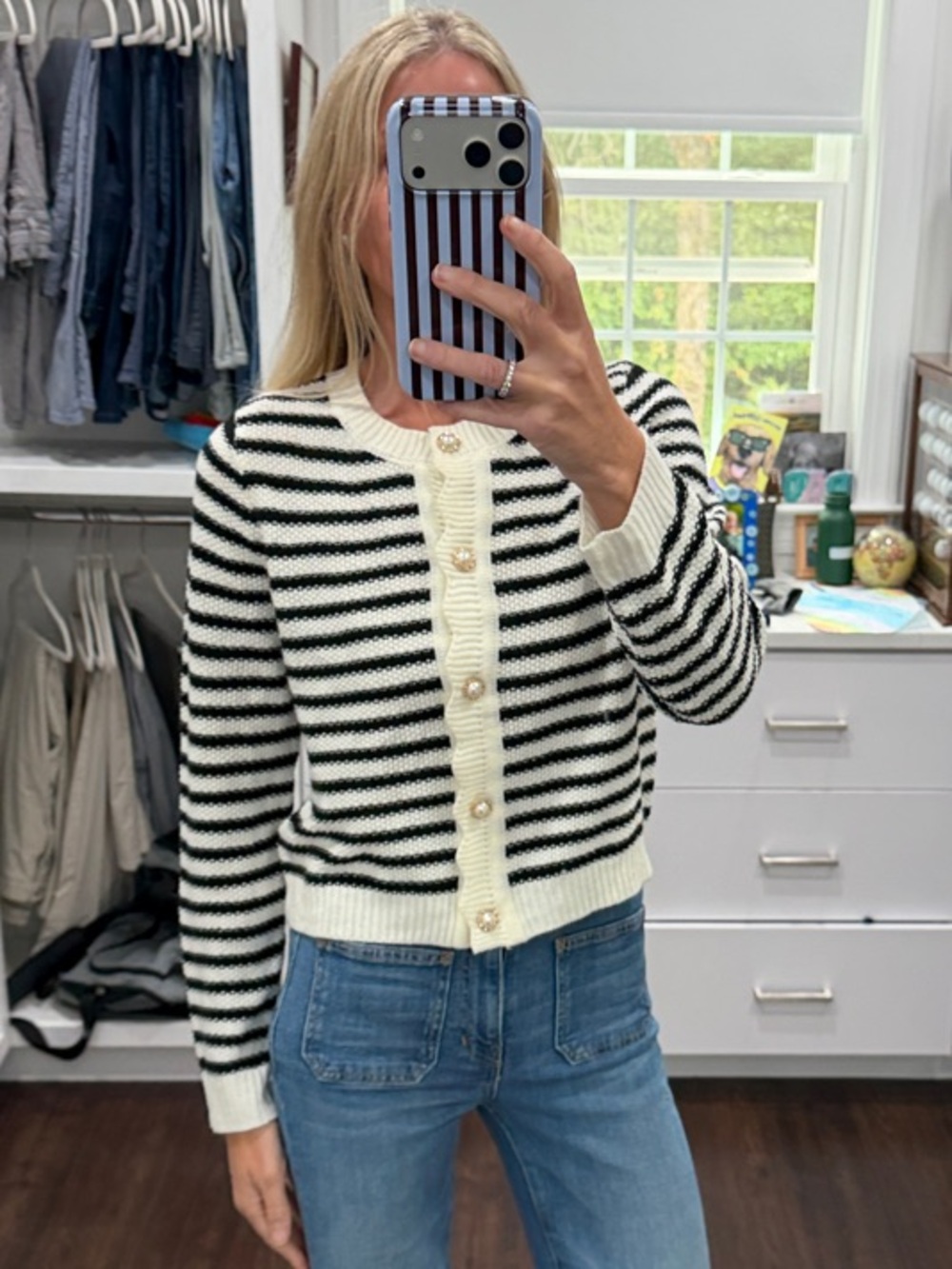 Amazon Black & White Striped Button-Front Cropped Cardigan